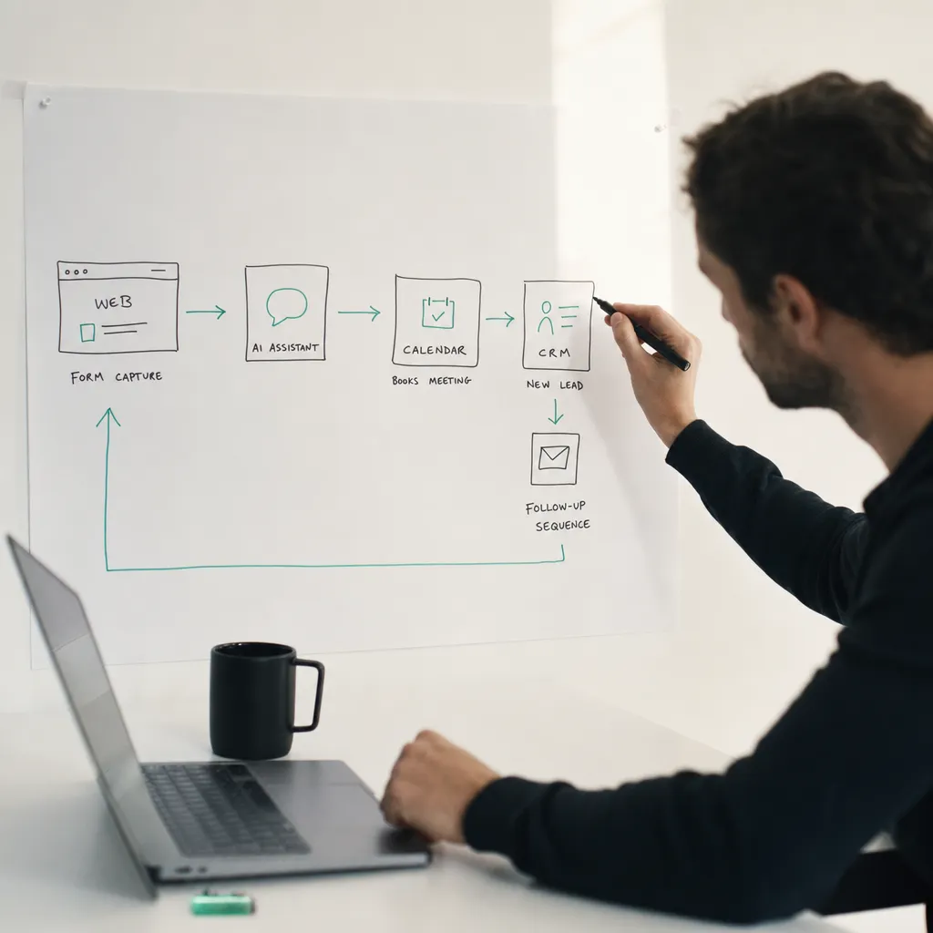 IA conectada a la web, el calendario y el CRM de un negocio en un flujo automático